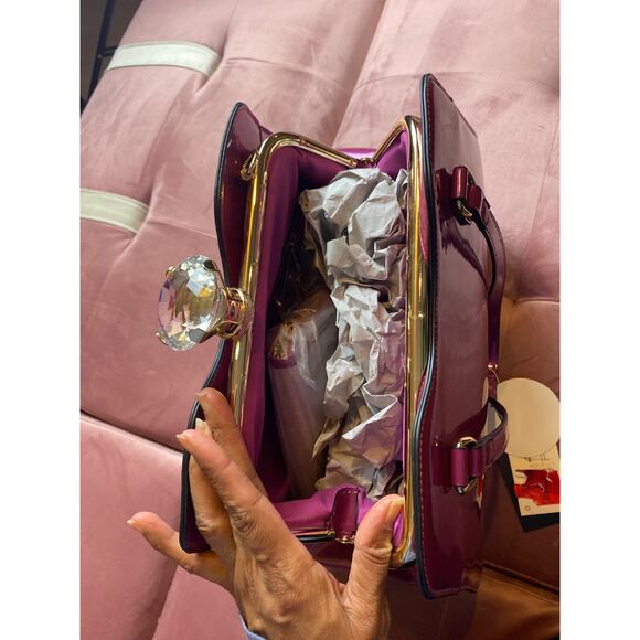 Le Miel Purple Glossy Patent Leather Faux Diamond 2-n-1 2x Handle Handbag RARE - Picture 9 of 16